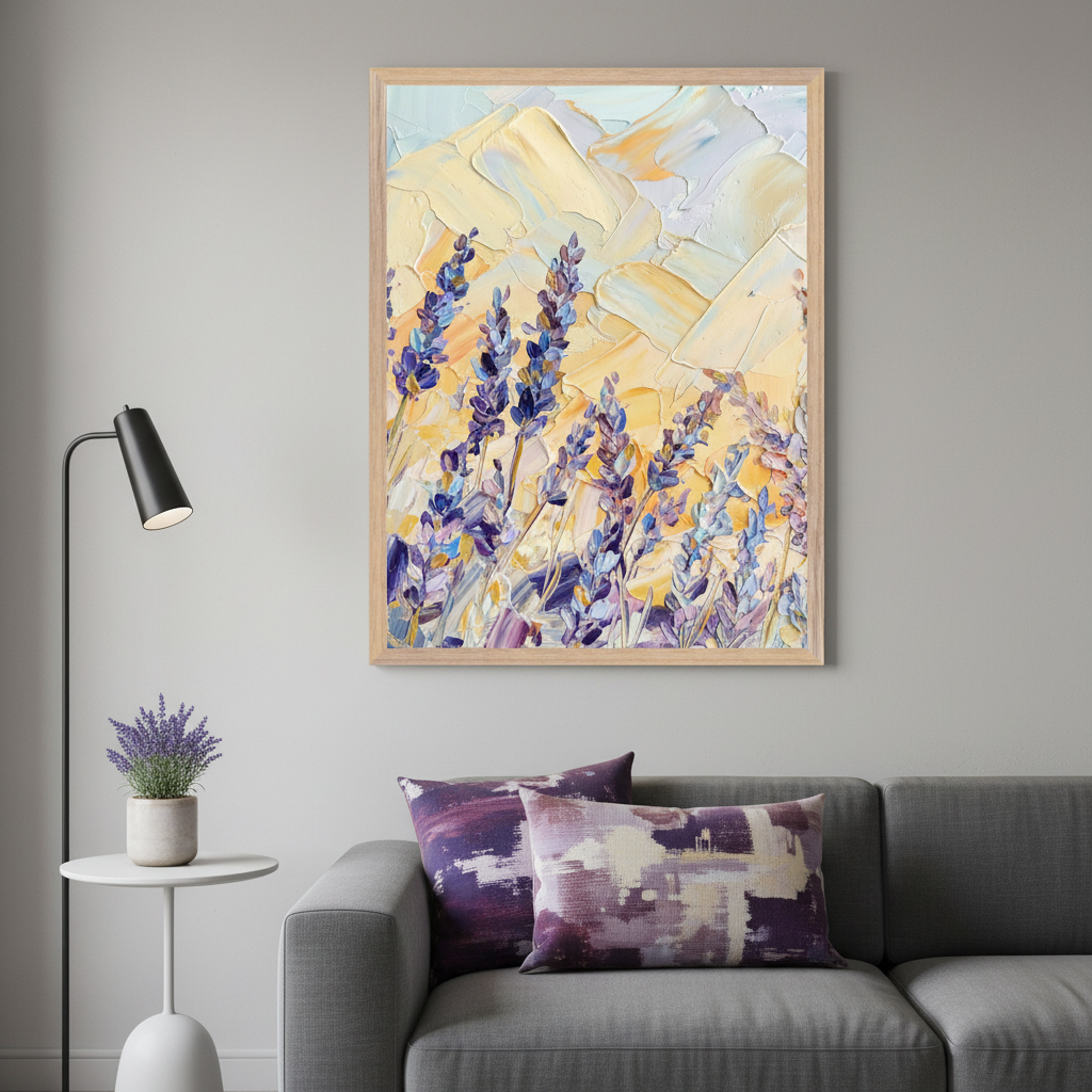Modern living room with a gray sofa and purple patterned cushions, a white side table, and a black floor lamp. A framed impasto painting of a lavender field with purple flowers and a yellow sky hangs above the sofa.