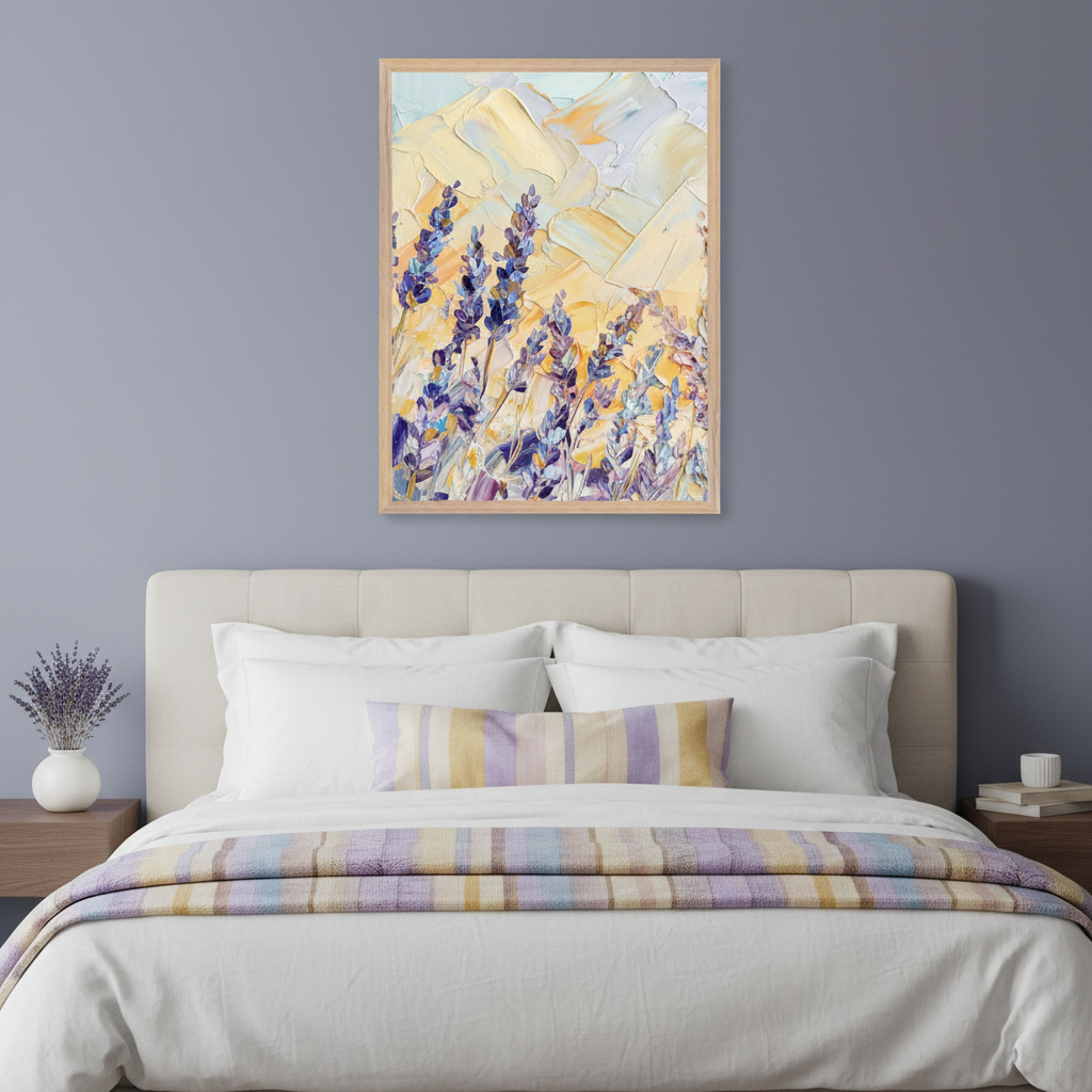 Modern bedroom with a beige bed, white bedding, and striped accents. A framed impasto oil painting of purple lavender flowers against a yellow and blue abstract background hangs centered above the bed. Wooden nightstands are on either side.