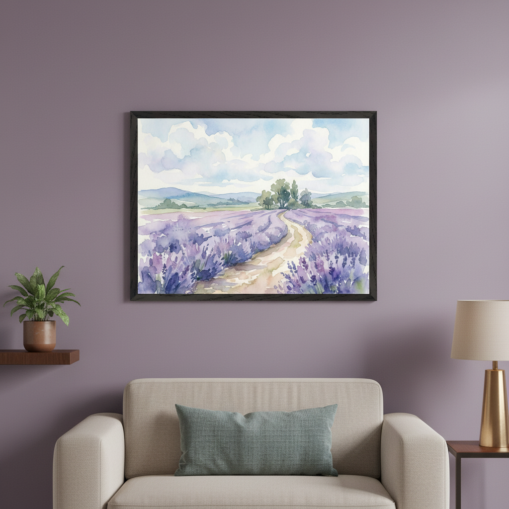Living room with a beige sofa and a teal pillow. A large dark-framed watercolor painting of a lavender field with a winding path, hills, trees, and a cloudy sky hangs above the sofa.