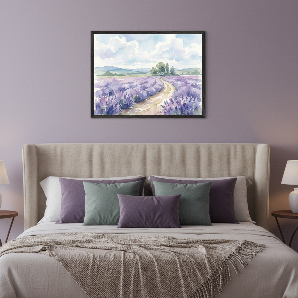 Bedroom with light purple walls. A large bed with a beige upholstered headboard and purple and teal pillows is against the wall. A framed watercolor print of a lavender field with a winding path, trees, and cloudy sky hangs centered above the bed.