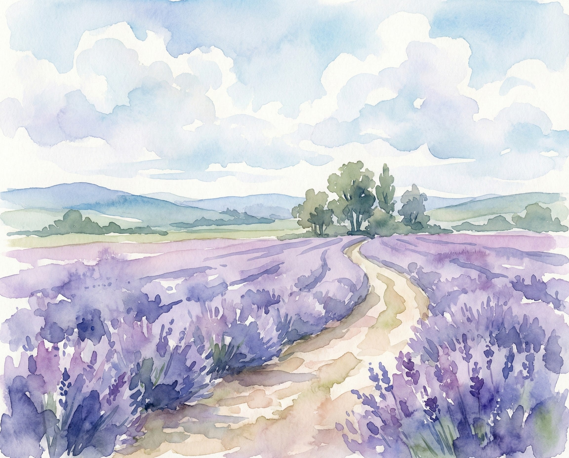 A serene watercolor painting of a lavender field stretching into the distance, with soft, soothing tones of purple and green blending harmoniously. This peaceful landscape invites relaxation and captures the beauty of nature, making it a perfect art piece for calming spaces and lavender lovers.
