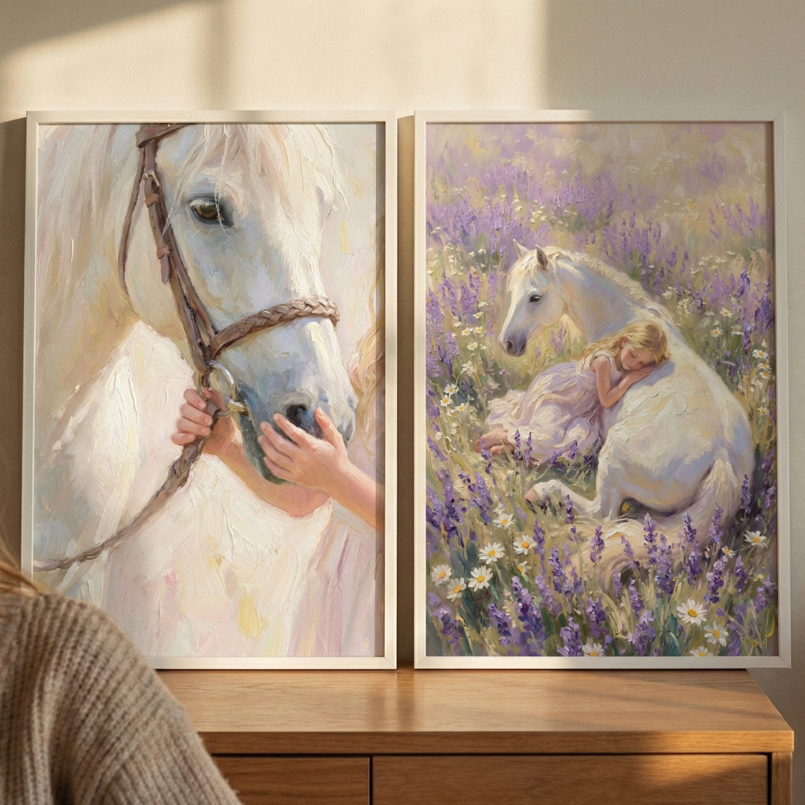 Two framed artworks are displayed side-by-side on a wooden dresser, bathed in soft, natural light. On the left, a close-up depiction captures a white horse with a brown braided bridle. A child's small hands gently touch the animal's muzzle, suggesting a tender moment of connection. The piece is rendered in an impressionistic style with visible brushwork and a palette of soft whites, creams, and earthy tones.
