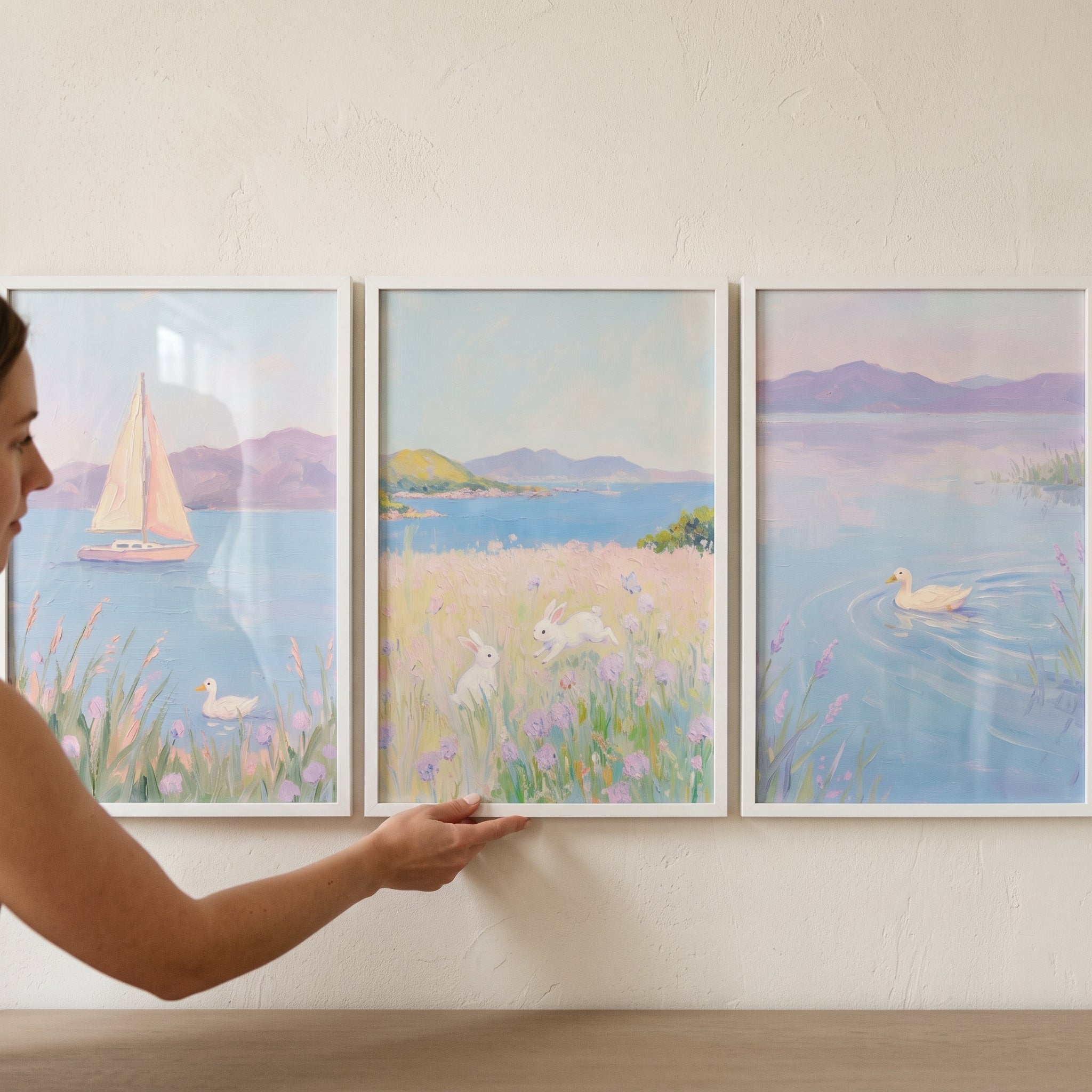 Lavender Wildflower Coastal Animal Wall Art Set of 3 - Pastel Lakeside Calm