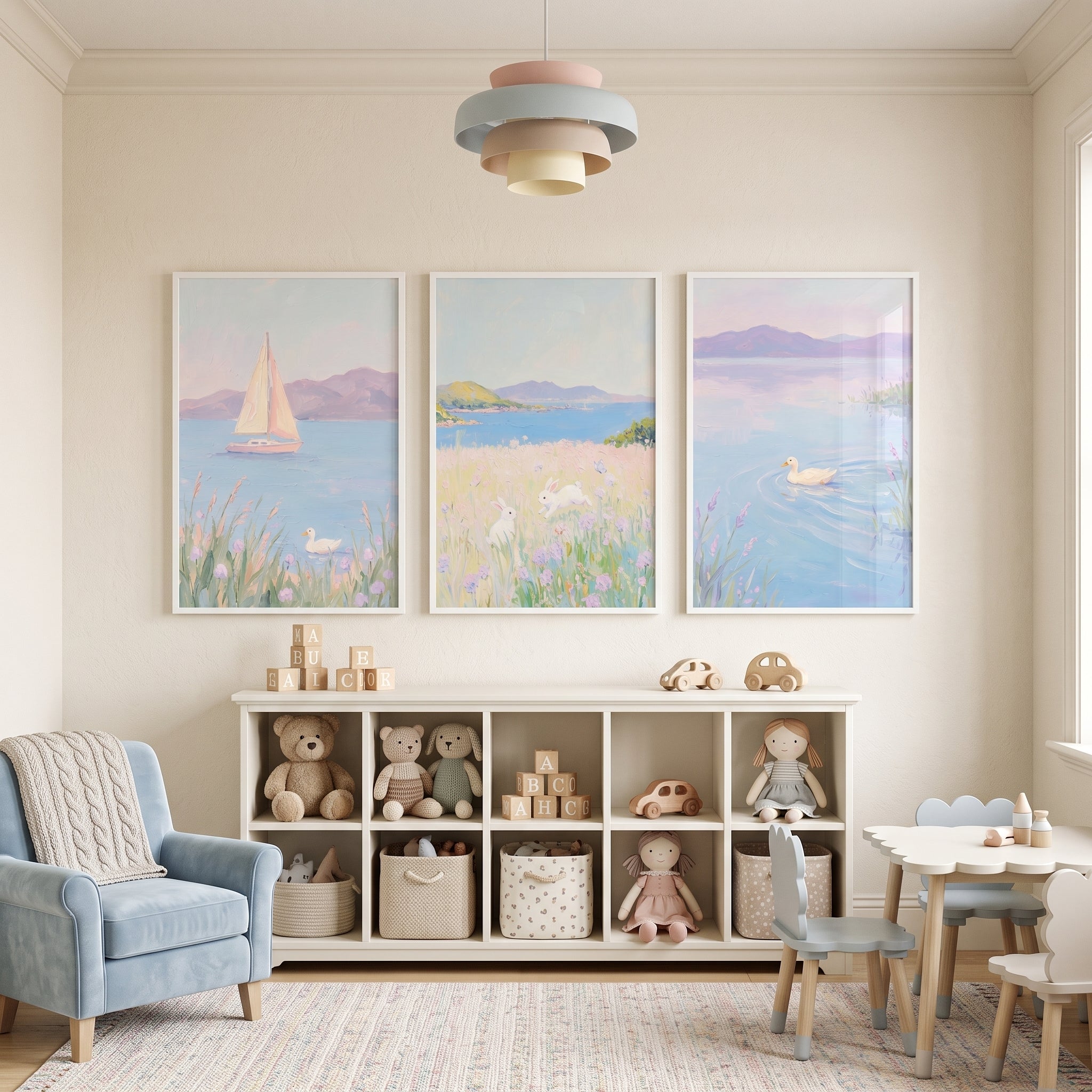 Lavender Wildflower Coastal Animal Wall Art Set of 3 - Pastel Lakeside Calm