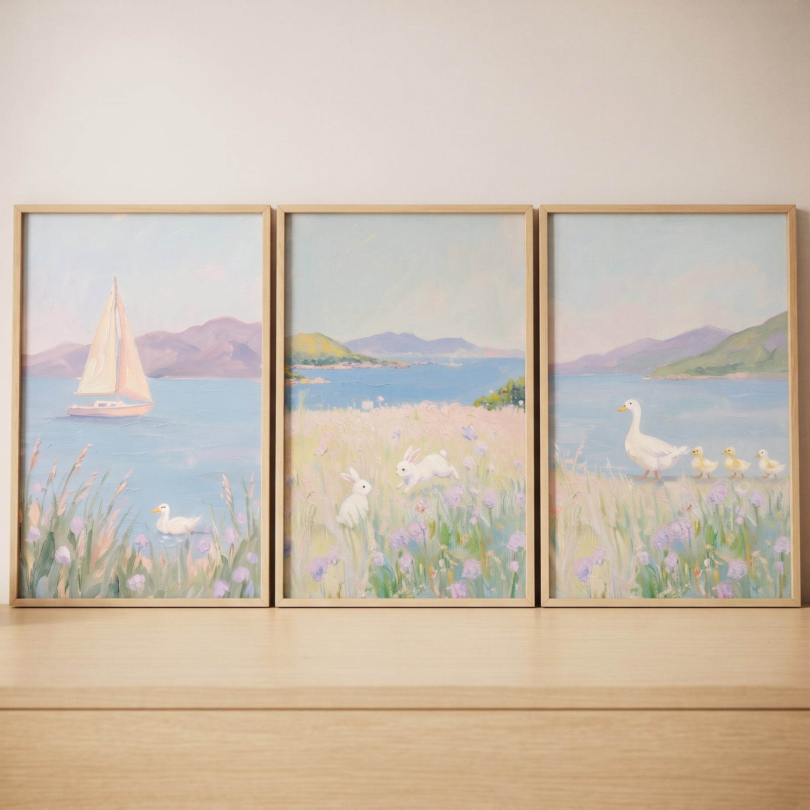 lavender wildflower coastal landscape wall art set of 3 with sailboat, bunnies, and ducks in soft pastel tones.