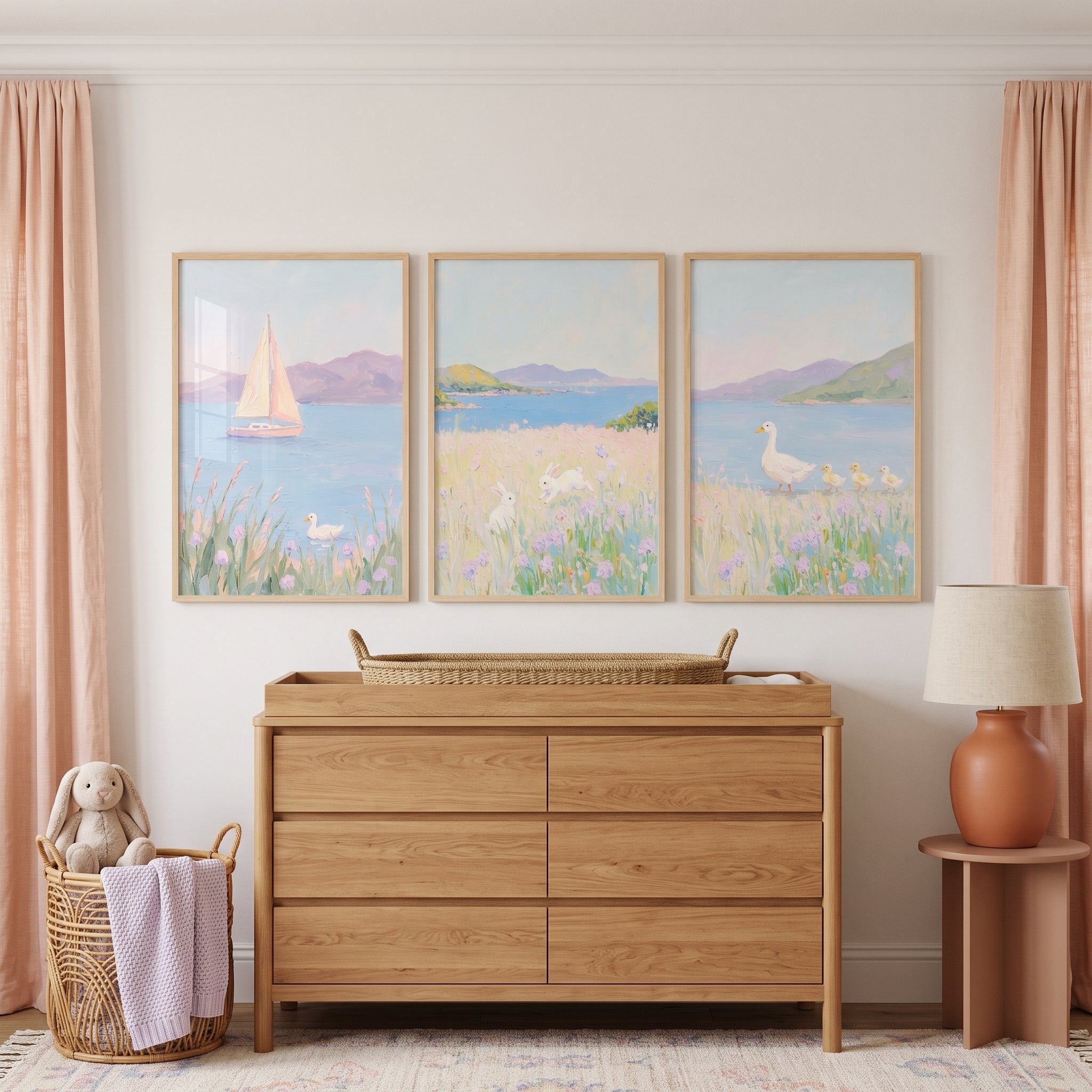 Lavender Wildflower Coastal Landscape Wall Art Set of 3 - Serene Shoreline Tales