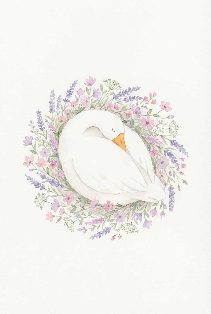 Watercolor illustration of a white swan curled up sleeping inside a circular wreath of pink and purple flowers. The soft colors and rounded composition create a peaceful and cozy feeling.
