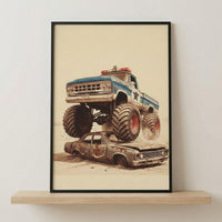 A framed vertical illustration depicts a blue and white monster truck with a police-style star emblem and a light bar, crushing a rusted, vintage sedan. The monster truck features oversized tires and a lifted suspension, while the car underneath appears weathered and abandoned. The artwork is set in a dusty, neutral-toned environment and is presented in a black frame resting on a light-colored wooden shelf against a plain wall.