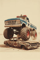 A clean, modern bedroom features a grey upholstered bed with light bedding centered against a light grey wall with decorative molding. Above the bed hangs a framed piece of art depicting a blue monster truck with large red-rimmed tires crushing a rusted brown sedan. To the left is a wooden nightstand with a brass-finish lamp and a small collection of books. On a textured cream rug at the foot of the bed, two wooden toy trucks are visible.