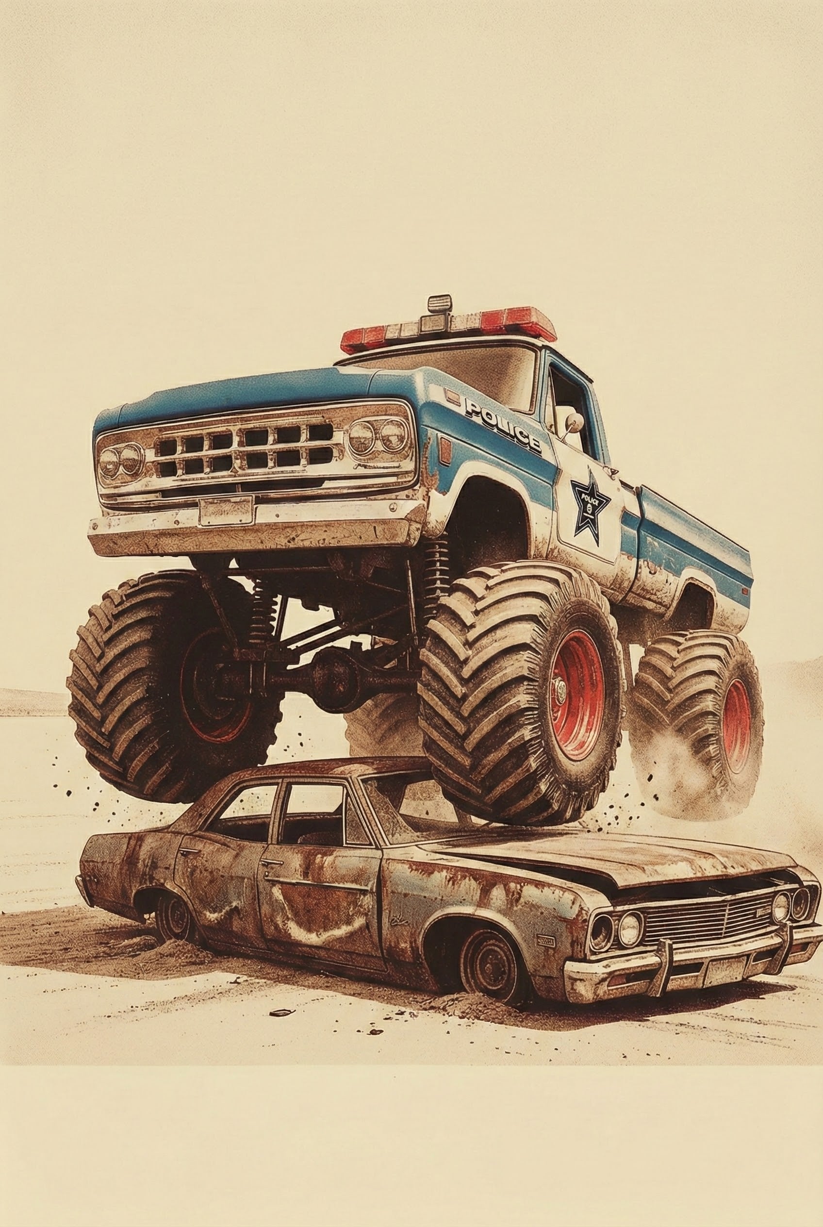 A clean, modern bedroom features a grey upholstered bed with light bedding centered against a light grey wall with decorative molding. Above the bed hangs a framed piece of art depicting a blue monster truck with large red-rimmed tires crushing a rusted brown sedan. To the left is a wooden nightstand with a brass-finish lamp and a small collection of books. On a textured cream rug at the foot of the bed, two wooden toy trucks are visible.