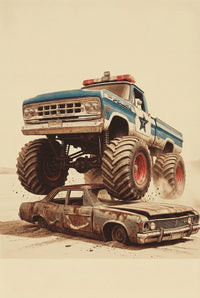 A clean, modern bedroom features a grey upholstered bed with light bedding centered against a light grey wall with decorative molding. Above the bed hangs a framed piece of art depicting a blue monster truck with large red-rimmed tires crushing a rusted brown sedan. To the left is a wooden nightstand with a brass-finish lamp and a small collection of books. On a textured cream rug at the foot of the bed, two wooden toy trucks are visible.