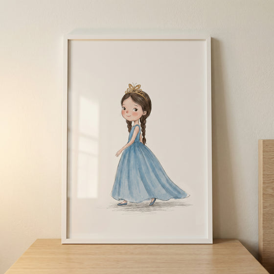Framed layered blue gown girl wall art shows a girl with brown braids and a golden crown on a wooden surface.