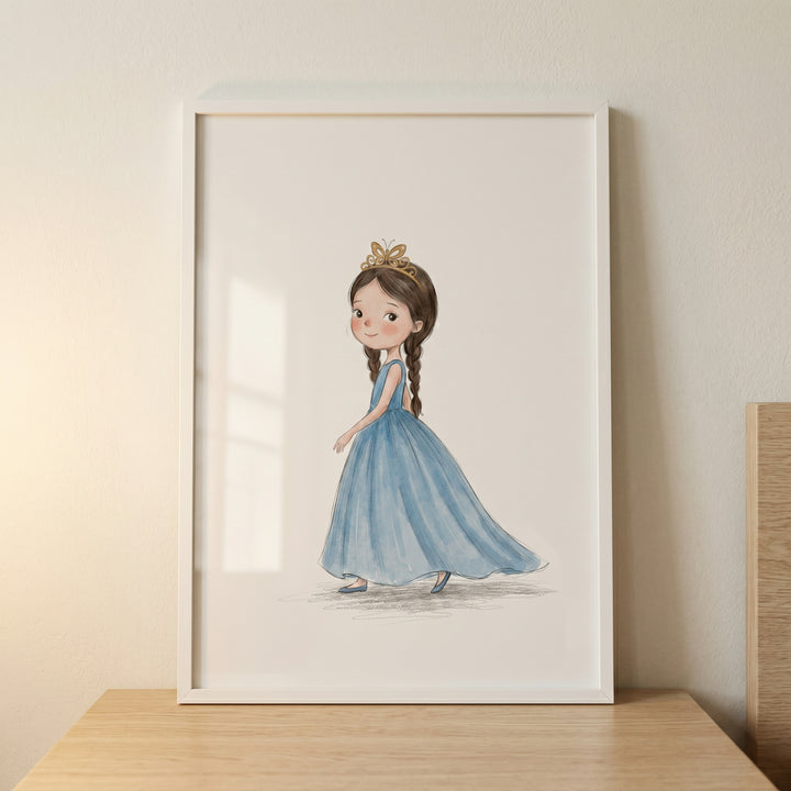 Framed layered blue gown girl wall art shows a girl with brown braids and a golden crown on a wooden surface.