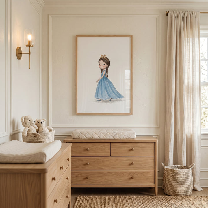 Wood dressers sit below layered blue gown girl wall art in a neutral nursery with woven baskets and beige curtains.