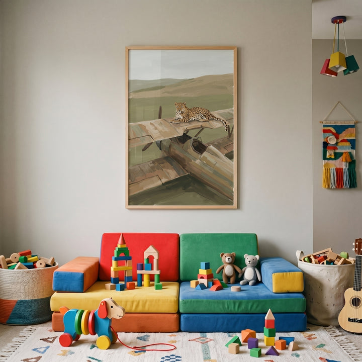 Colorful modular couch and toys below a framed laying on biplane leopard artwork on a neutral wall.
