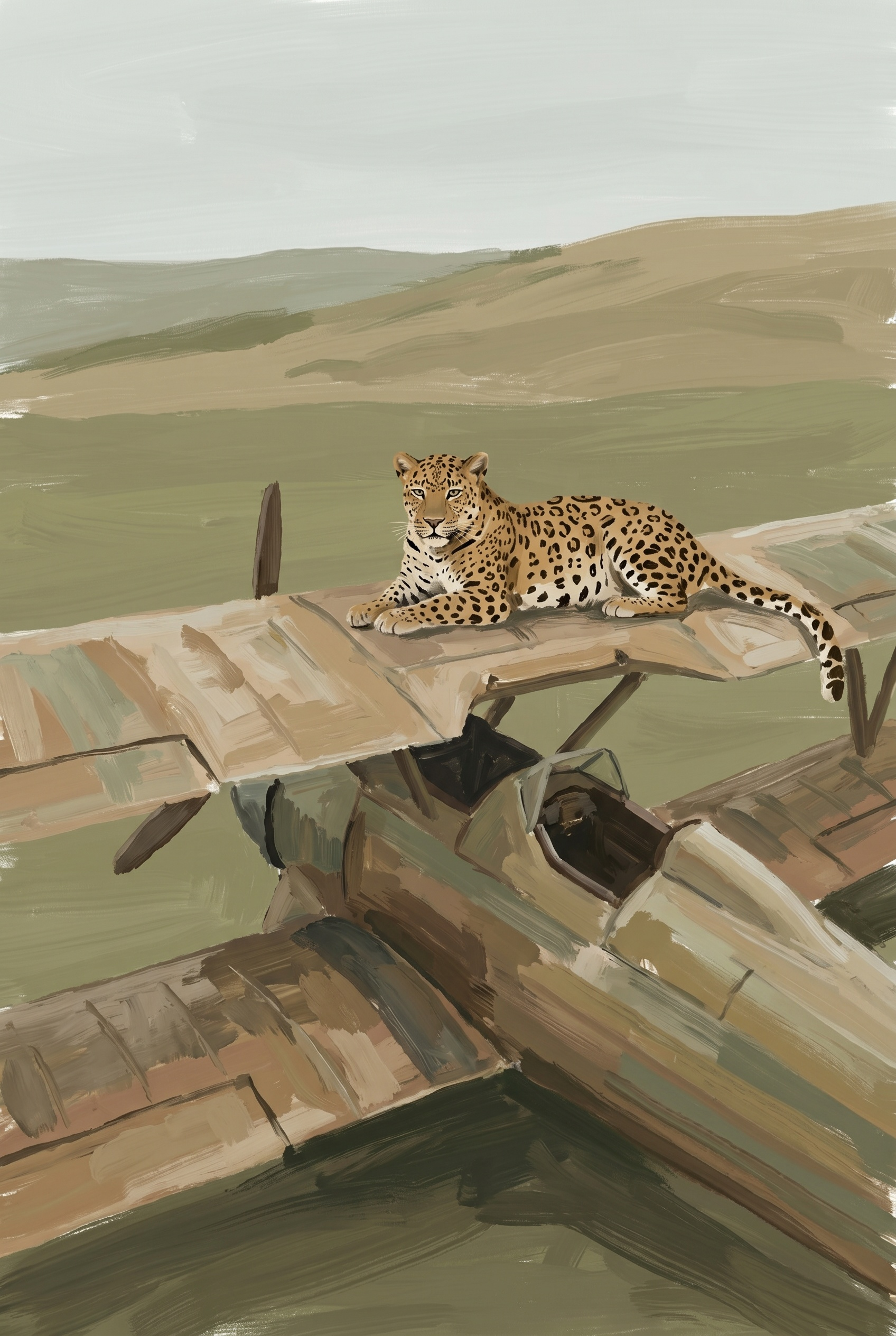 Laying On Biplane Leopard Artwork - Wingborne Predator