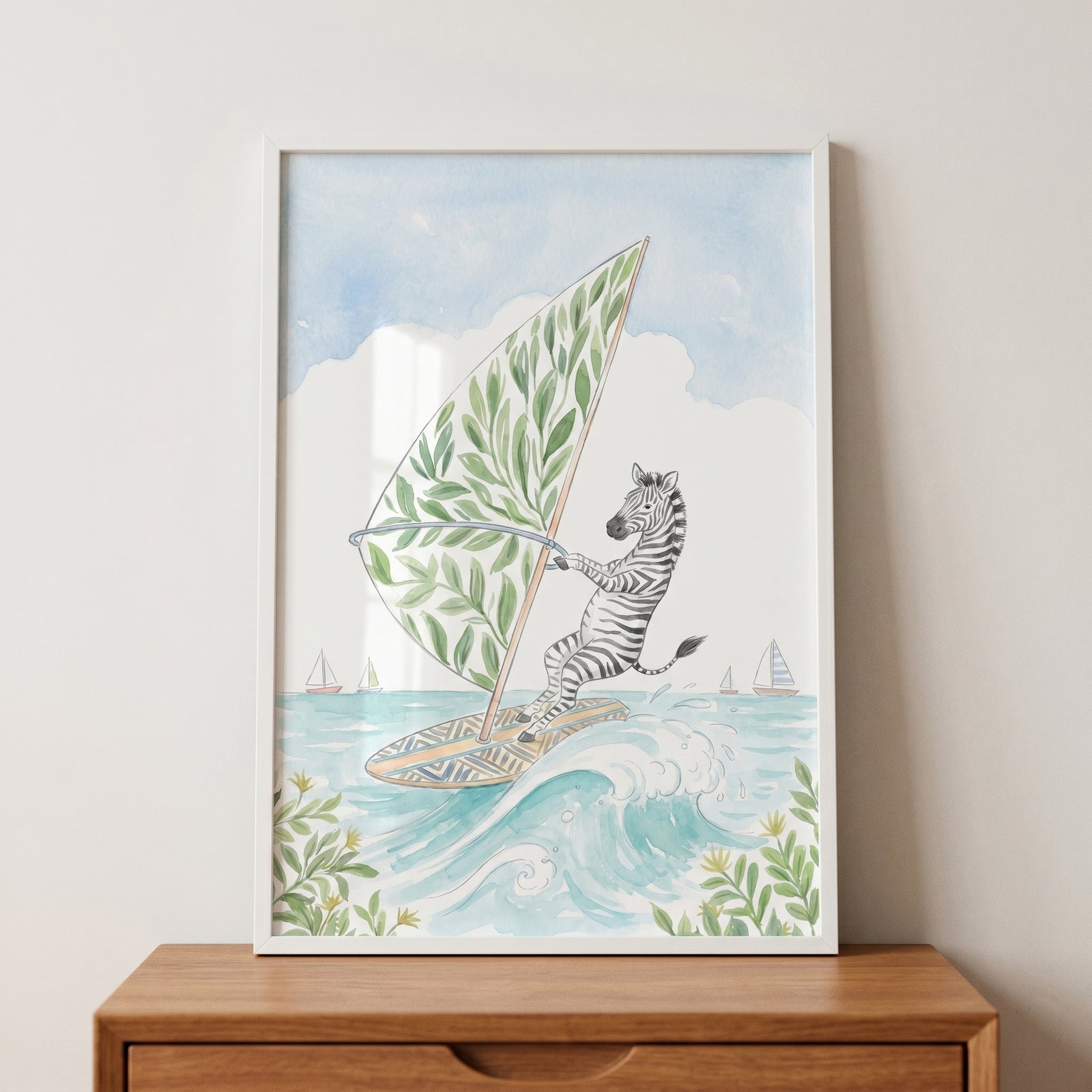 Framed leaf sail windsurfing zebra wall art of a zebra on a surfboard with a leaf sail riding a blue ocean wave.