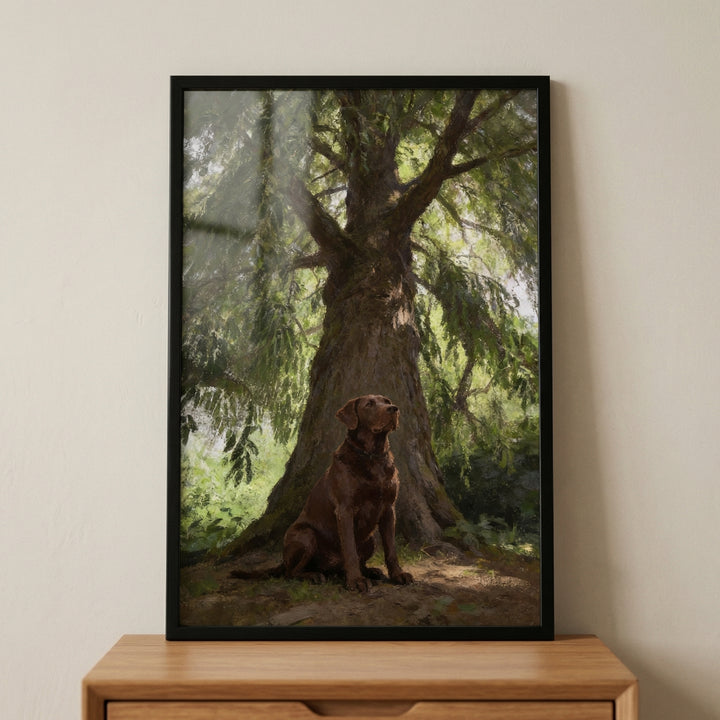 Framed painting of a chocolate labrador sitting at the base of a large tree with sunlight filtering through green leaves above. The warm earthy tones and soft light create a peaceful woodland scene that adds a calming natural focal point to the room.