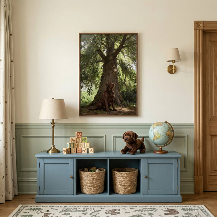 Nursery with a framed painting of a chocolate labrador sitting beneath a large sunlit tree above a blue cabinet with woven baskets toys and a globe. Soft green paneling warm lighting and natural wood accents create a calm woodland inspired space for a child.