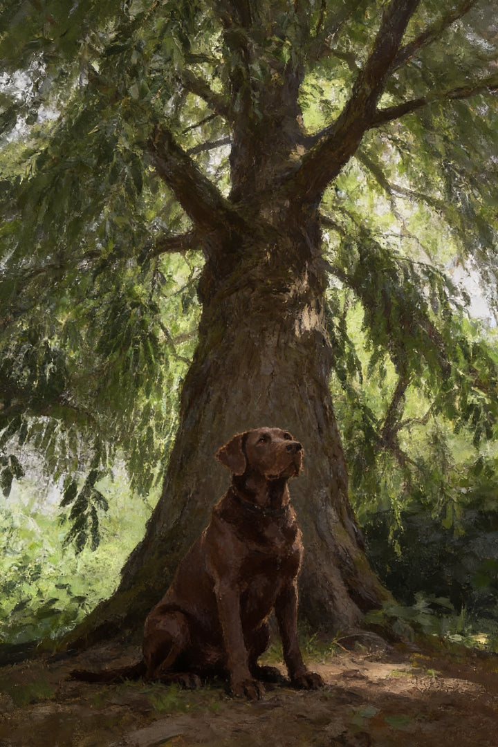 A chocolate brown dog sits at the base of a massive, ancient tree. The dog is looking upward toward the lush green canopy above. Soft, dappled sunlight filters through the branches, creating a play of light and shadow across the textured bark and the dog's sleek coat. This work of art uses expressive, visible brushstrokes to capture a tranquil scene in nature. The setting is a serene wooded area, with the towering tree trunk serving as a dramatic backdrop to the loyal animal.