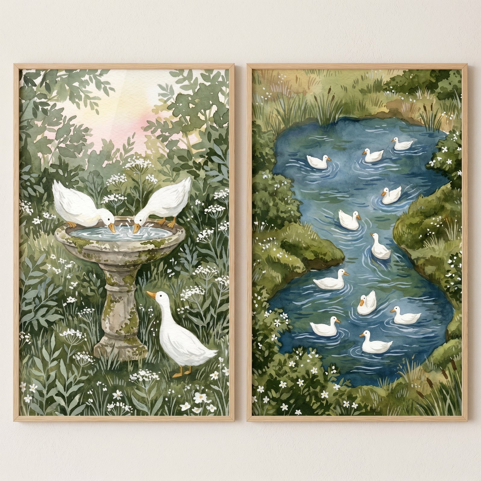 leafy garden white duck wall art set of 2 with ducks at a stone birdbath and many ducks swimming in a blue pond.