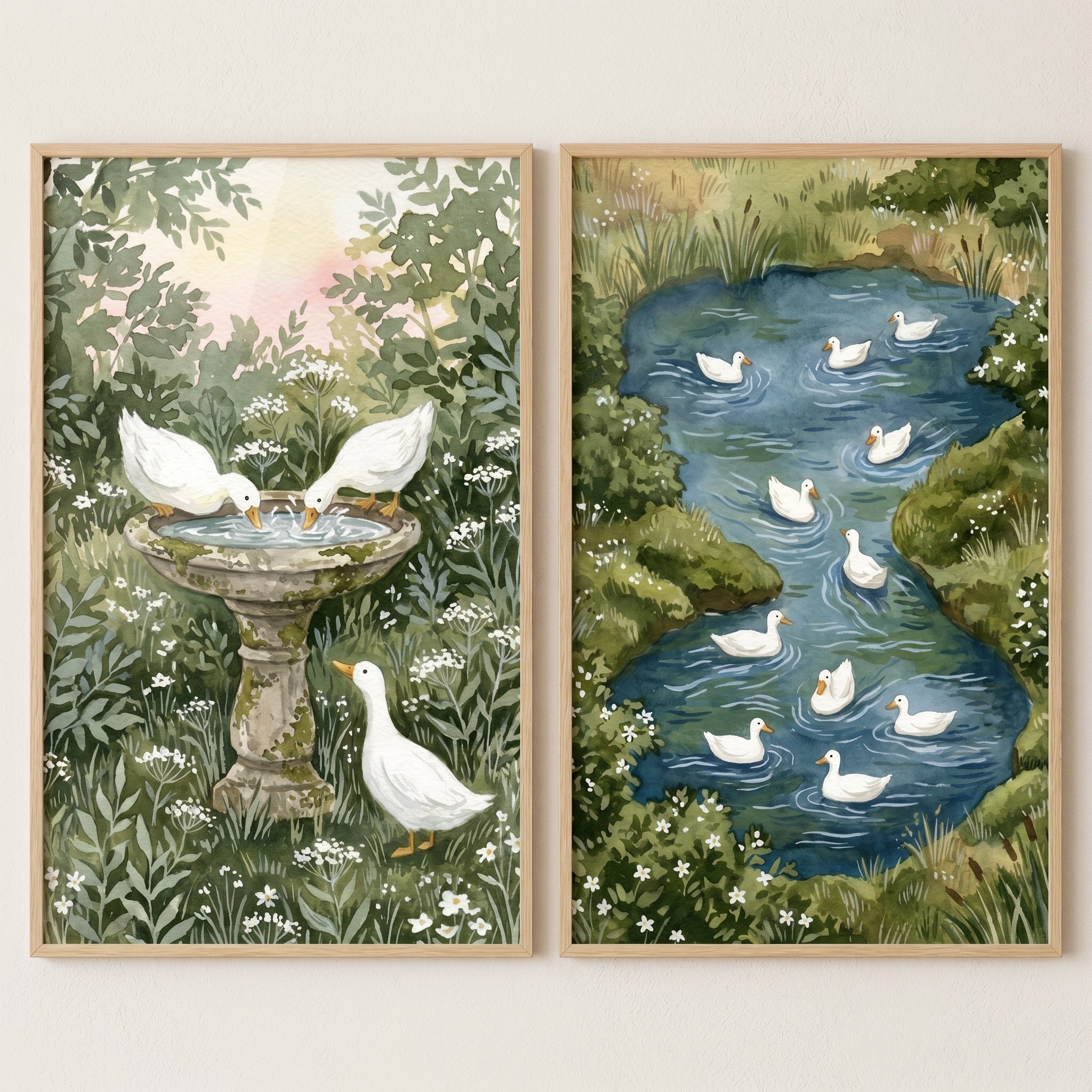 Leafy Garden White Duck Wall Art Set of 2 - Serene Duck Oasis