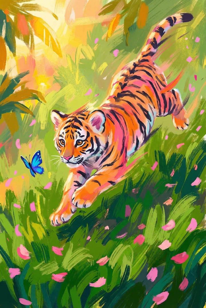 A tiger leaps forward through green grass toward a bright blue butterfly under warm sunlight. Pink petals scatter across the scene adding motion and color. The moment feels energetic and playful.
