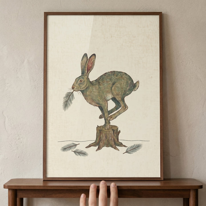 Framed leaping pine needle hare wall art featuring a brown hare on a tree stump with pine sprigs.
