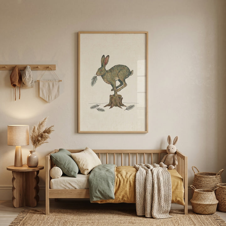 Neutral child's room with a wooden bed, woven baskets, and leaping pine needle hare wall art on the wall.