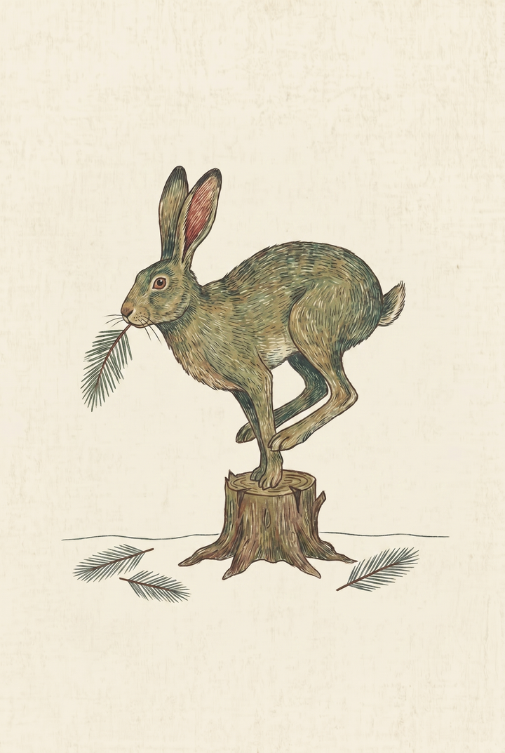 Leaping pine needle hare wall art shows a brown hare jumping off a tree stump with a pine branch in its mouth.