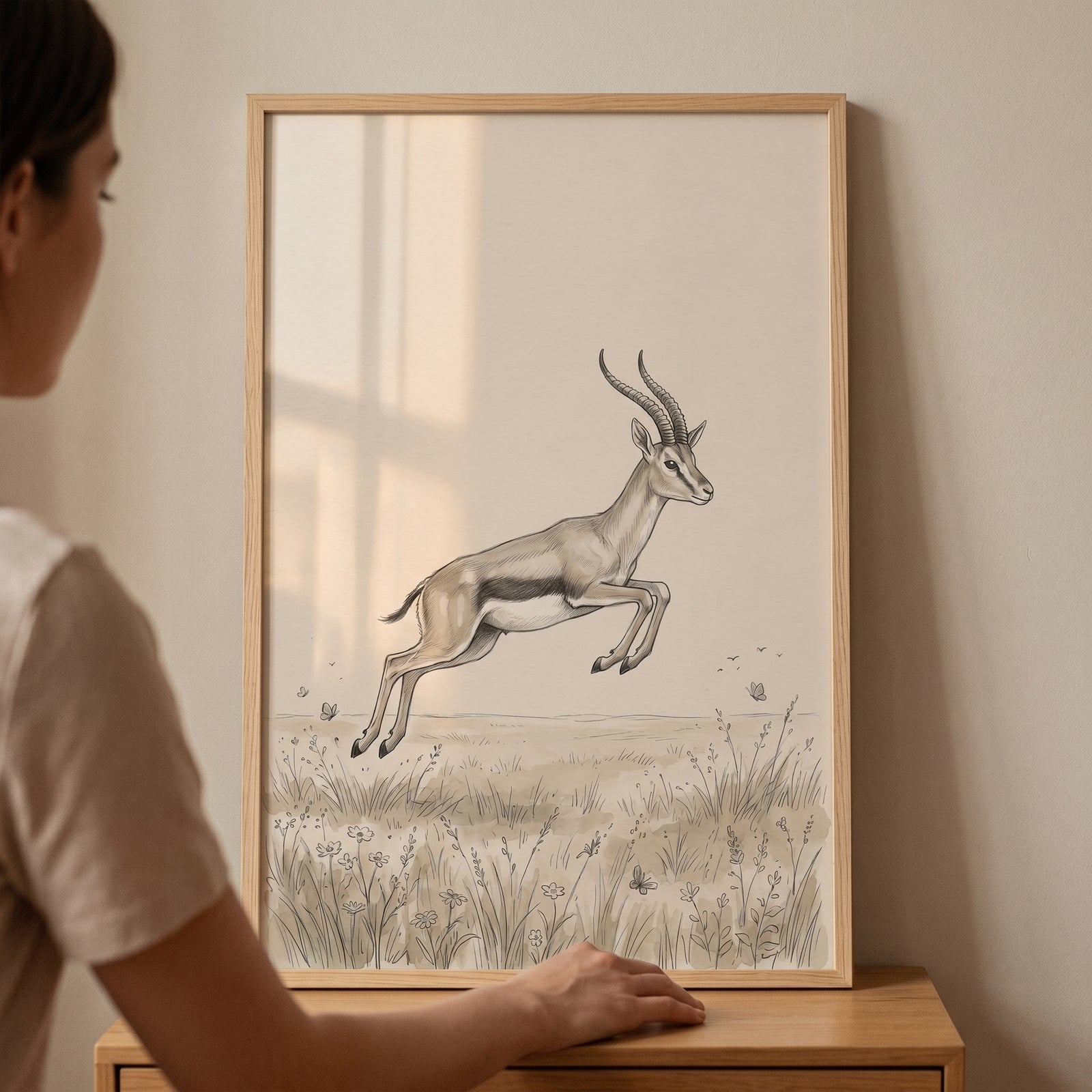 Framed leaping savanna safari gazelle wall art rests on a wooden table as a woman's hand touches the frame.