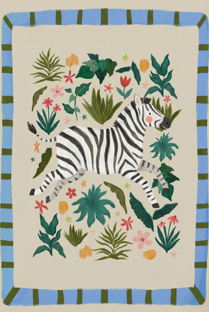 A whimsical illustration features a stylized zebra mid-stride, adorned with classic black and white stripes and a small pink blush on its cheek. It is surrounded by a variety of green tropical foliage, simple red and pink blossoms, and scattered colorful stars in shades of orange, pink, and light green. The scene sits on a plain cream background, enclosed by a decorative border of alternating light blue and olive green stripes. The overall style is playful and hand-drawn.