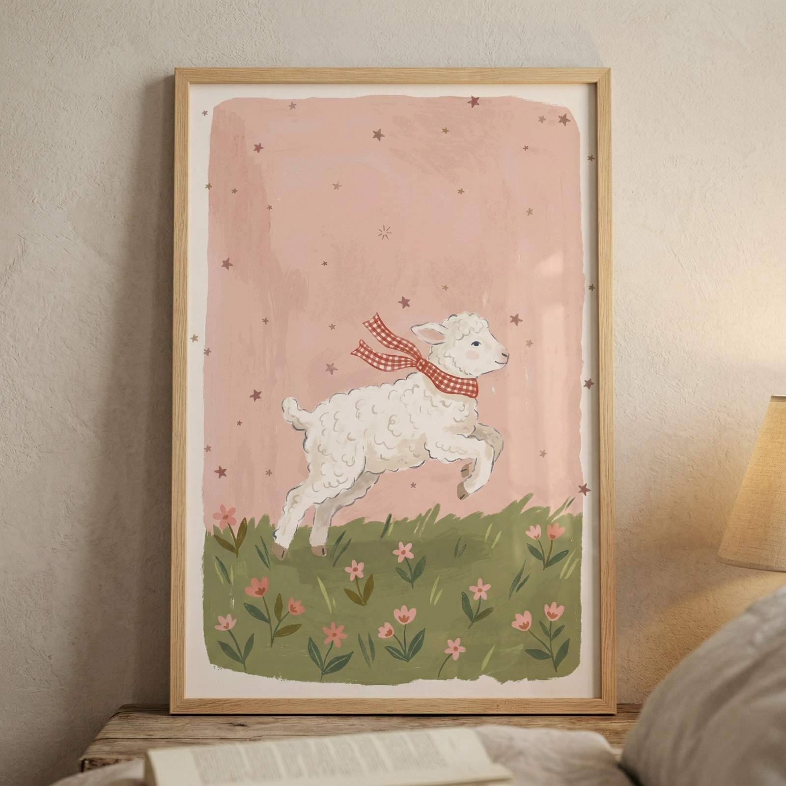 A framed whimsical illustration leans against a textured beige wall. The central image depicts a fluffy white lamb mid-leap, wearing a red and white checkered scarf. It jumps over a green meadow filled with small pink flowers. The background is a soft, muted pink scattered with tiny dark stars. The artwork is held in a light-toned wooden frame and sits on a rustic wooden surface next to an open book, with a lamp and part of a bed visible nearby, creating a cozy atmosphere.