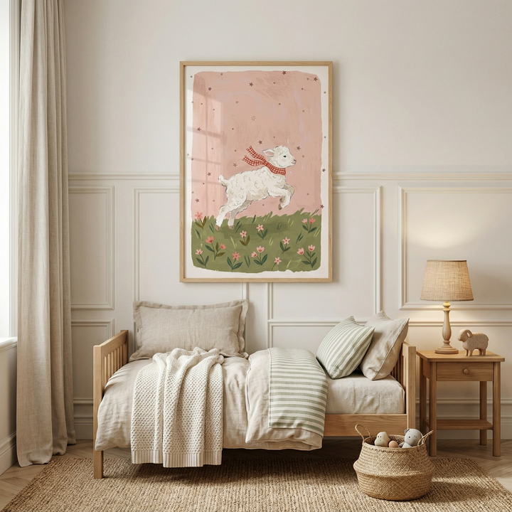 A cozy, neutral-toned child's bedroom features a light-colored wooden toddler bed and a large framed artwork on the wall. The wall art displays a joyful white lamb jumping through a meadow of green grass and small pink flowers. The lamb wears a red and white checkered scarf, and the illustration has a soft pink background with tiny scattered stars.
