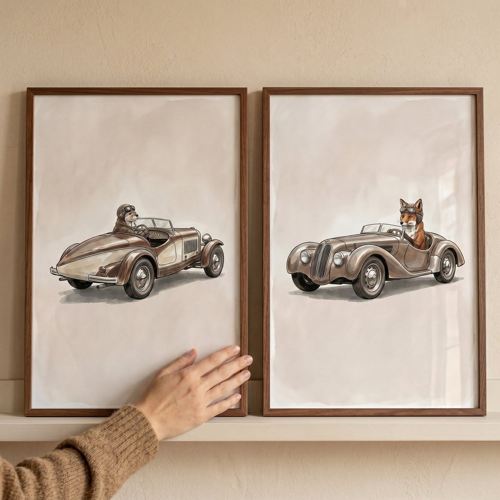 A hand touches a leather cap driving animal wall art set of 2 featuring a fox and a badger in vintage cars.