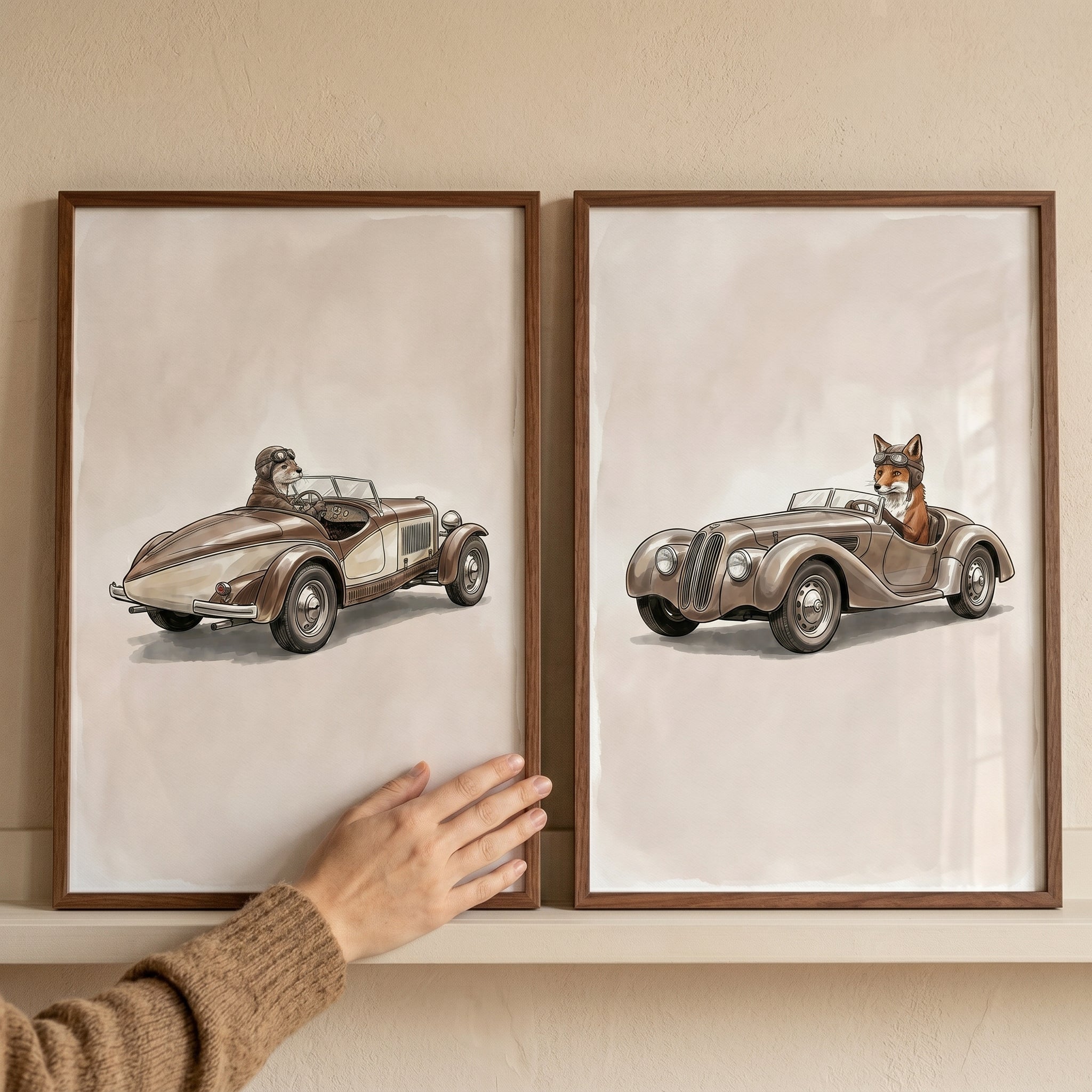 Leather Cap Driving Animal Wall Art Set of 2 - Retro Roadster Friends