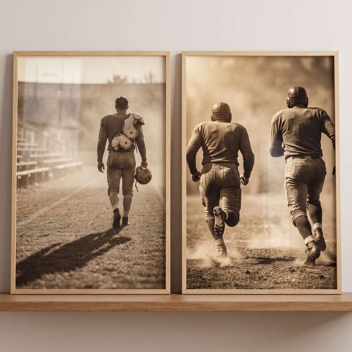 Leather helmet football player sports wall art set of 2 features vintage athletes on a dusty field in wooden frames.