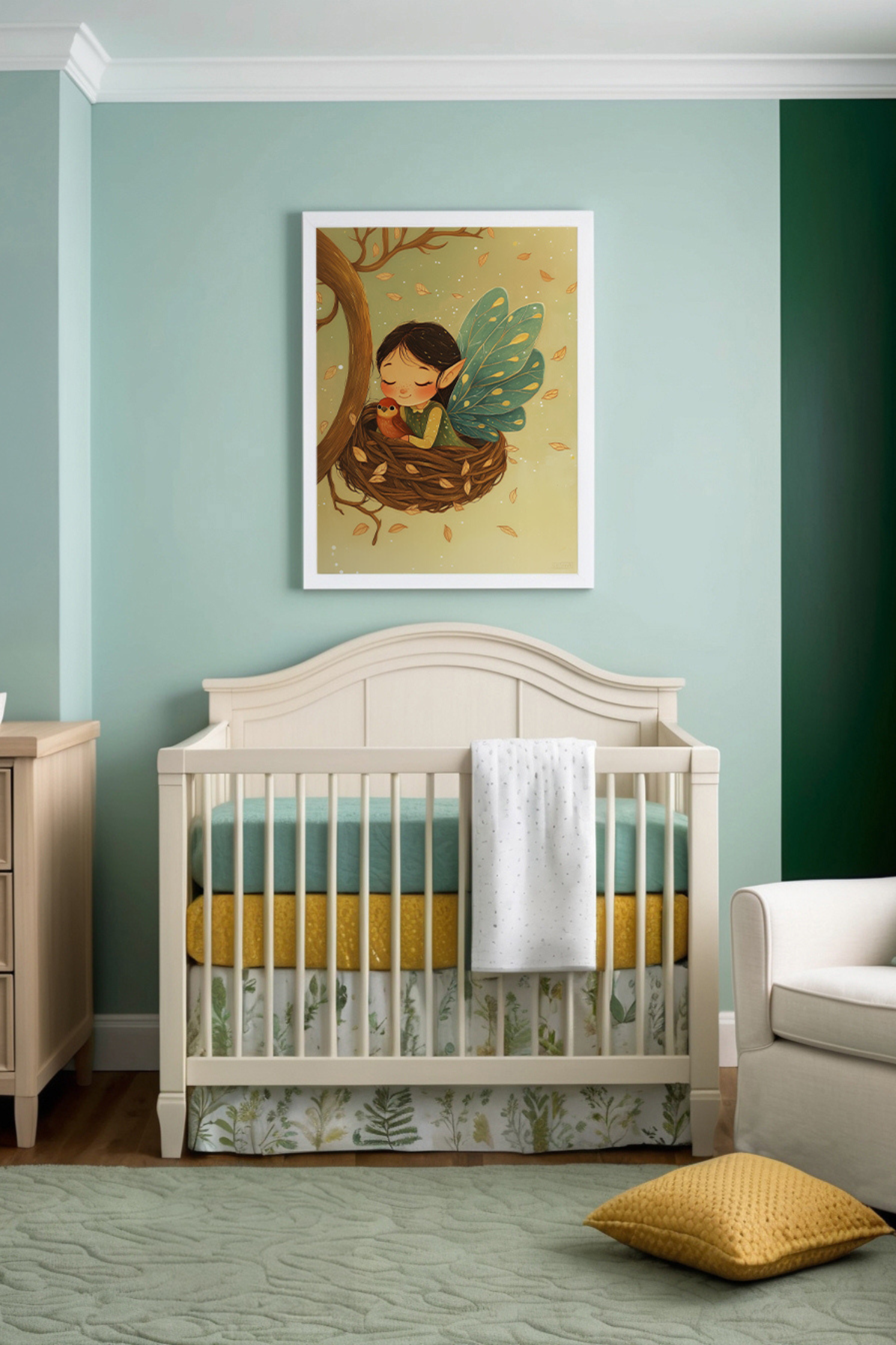 A calming nursery with mint-green walls, a white crib, and botanical bedding. Hanging above is heartwarming artwork of a fairy with teal wings tenderly cuddling a small bird while resting in a cozy nest nestled among softly falling leaves.