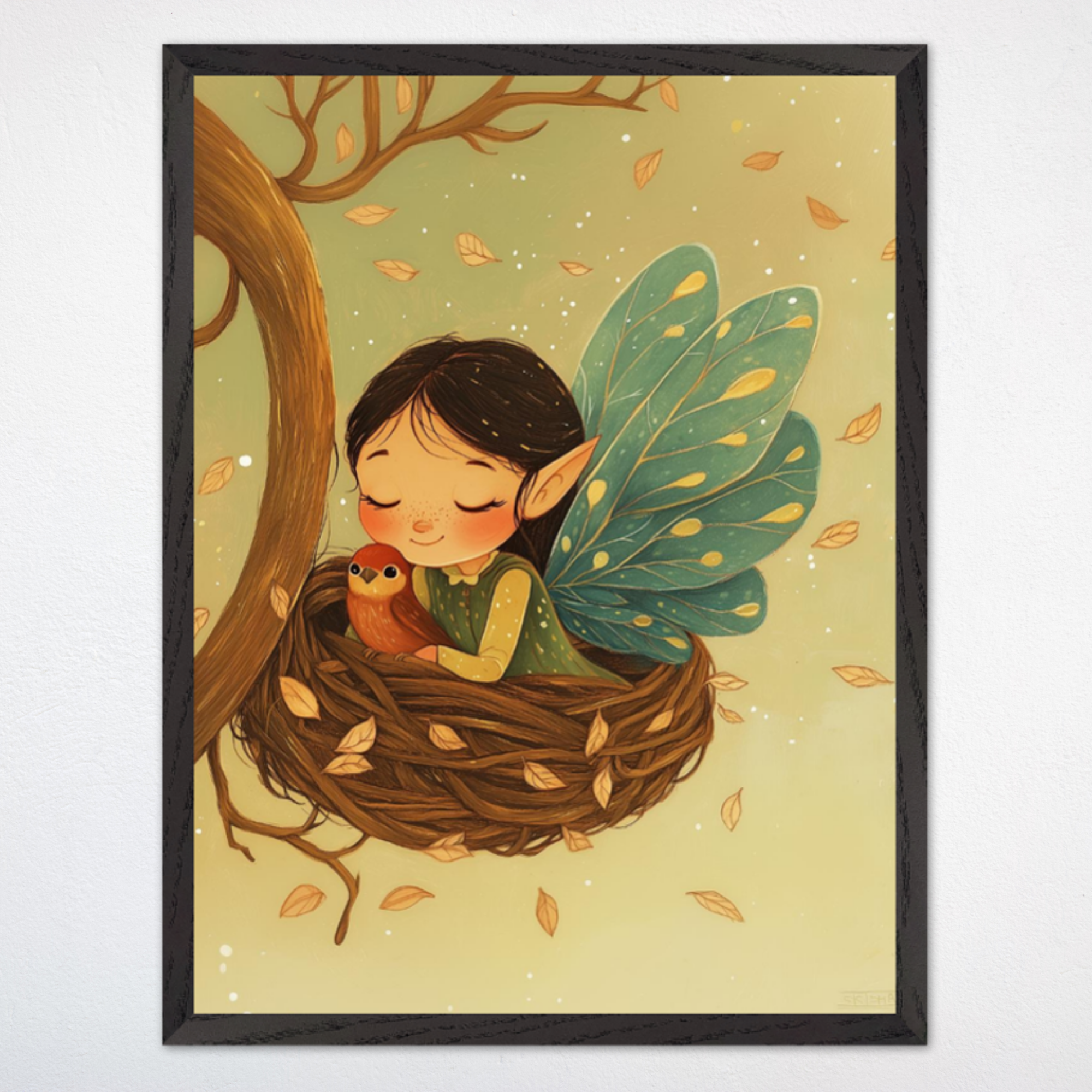 An illustration of a gentle fairy with teal and golden wings, nestled peacefully in a bird’s nest with a small, friendly bird. Soft autumn leaves gently fall around them, set against a soothing background, creating a cozy and serene atmosphere.