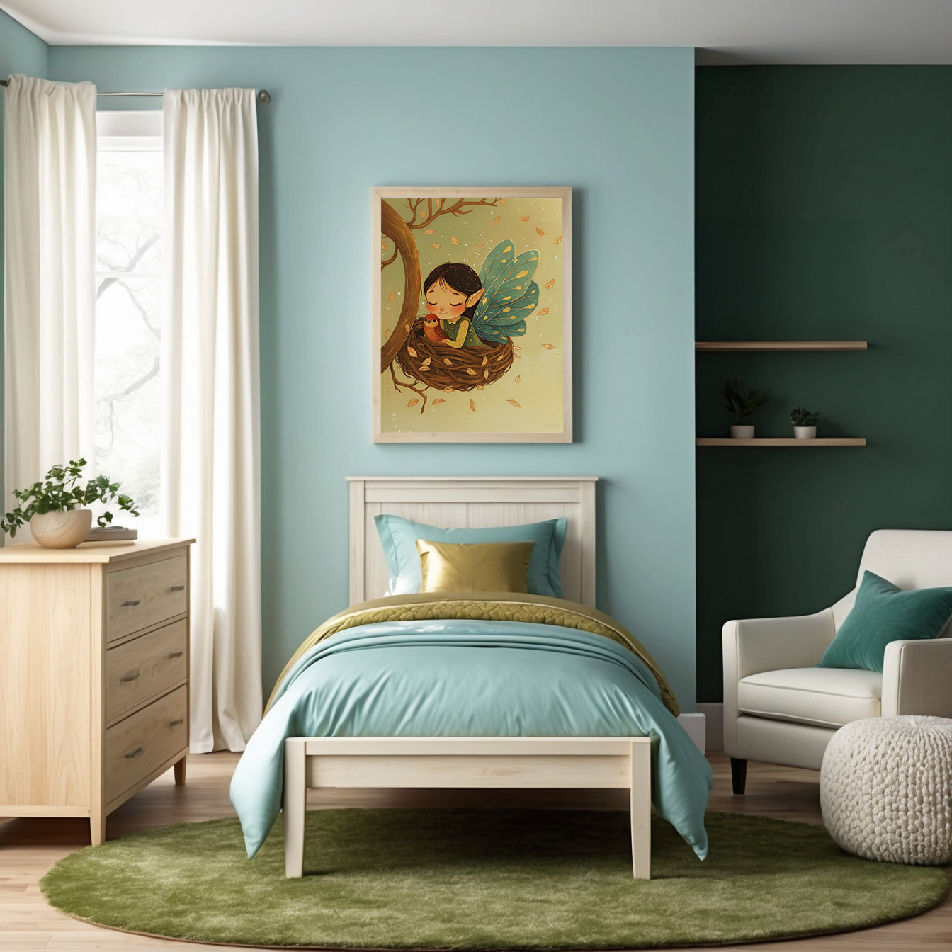 Bright, calming bedroom featuring a single bed with soothing teal and golden bedding, complemented by natural wooden furniture and lush greenery. Above the bed hangs an illustration of a fairy with teal and golden wings gently nestled in a bird’s nest with a friendly bird, enhancing the room's cozy and peaceful vibe.