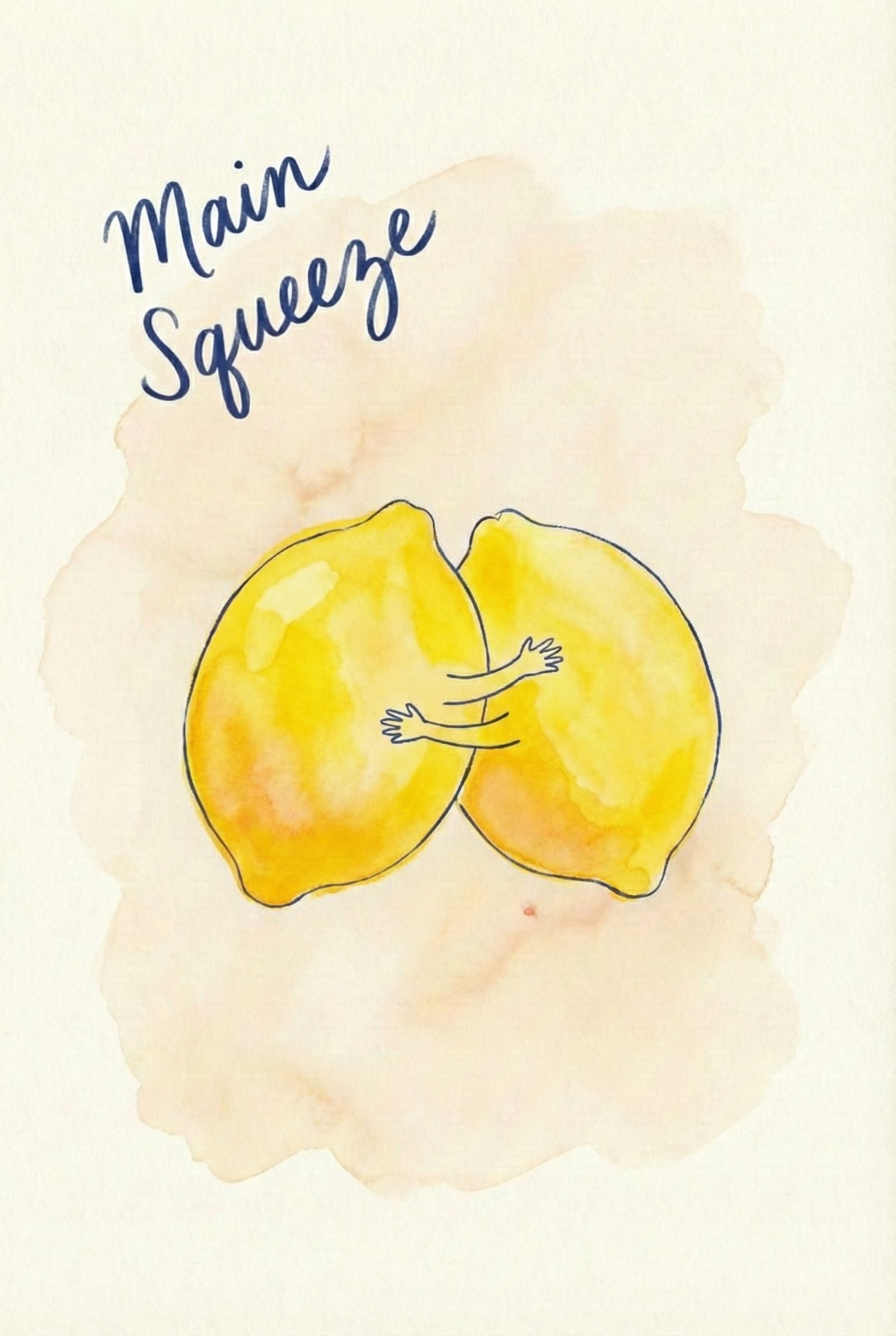 Two bright yellow lemons embrace with cartoon arms, beneath the phrase “Main Squeeze” written in playful cursive.

