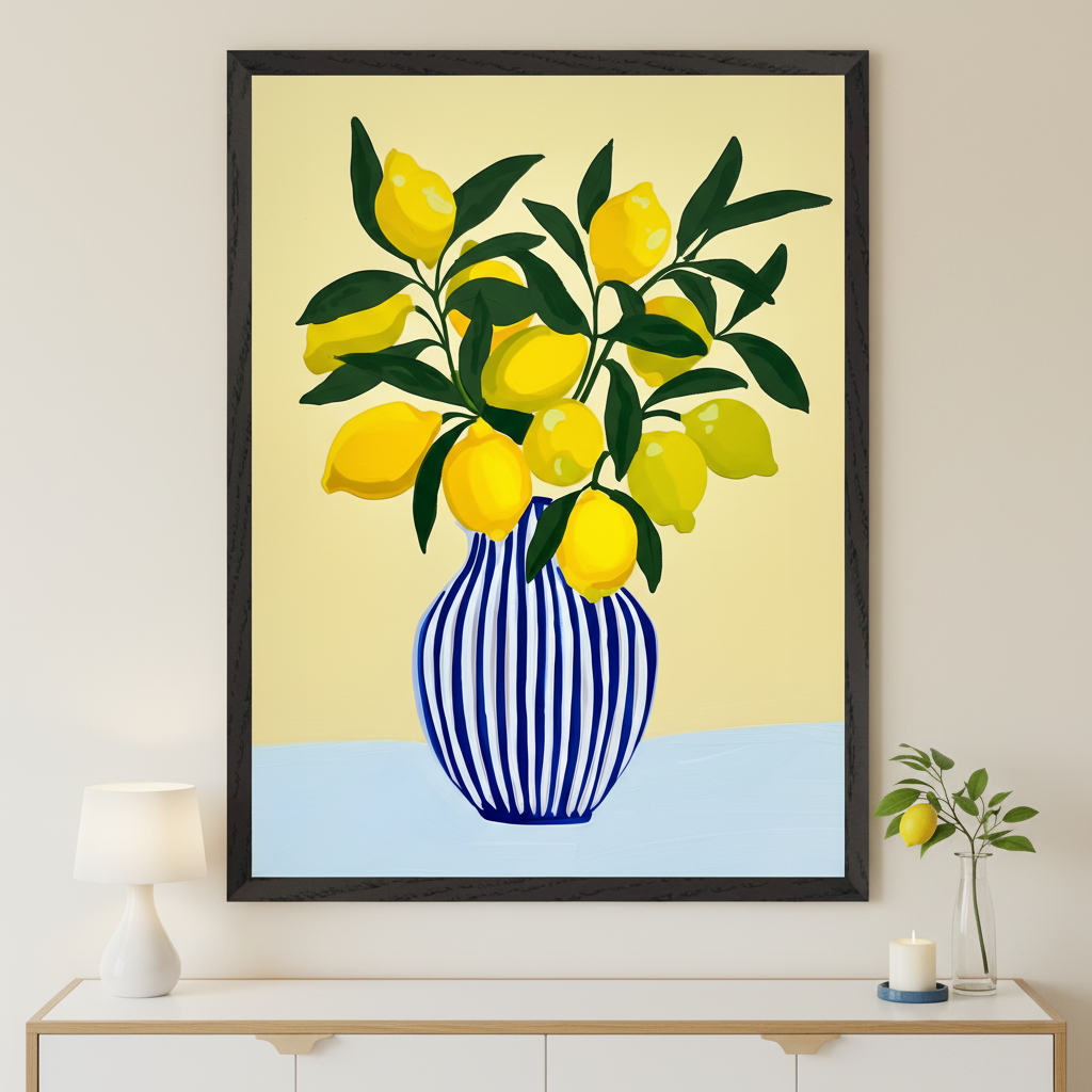 Modern room with a white dresser. A large framed painting of yellow lemons and green leaves in a blue and white striped vase, with a pale yellow background, hangs centered above the dresser. A lamp and a lemon branch are on the dresser.