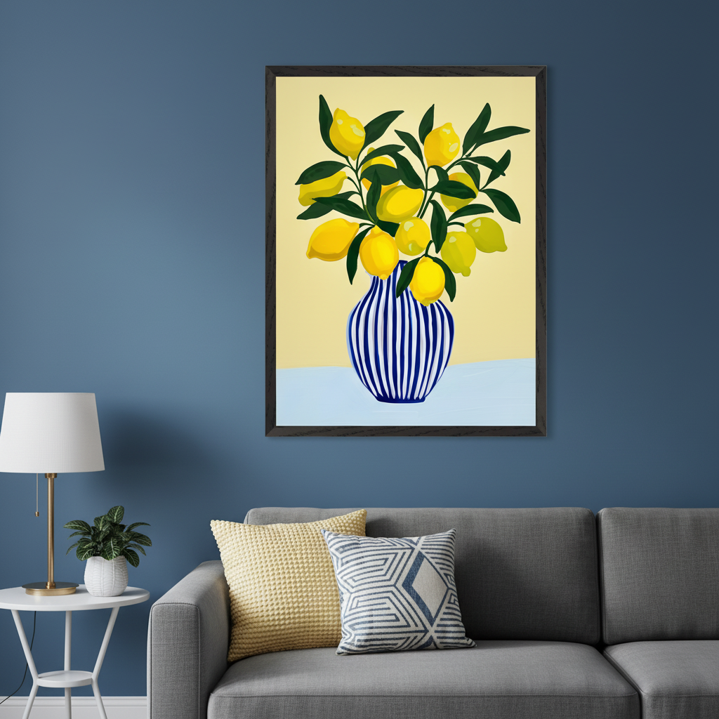 Modern living room with a grey sofa and white side table. A framed vibrant art print of lemons in a blue and white striped vase on a pale yellow background hangs above the right section of the grey sofa.
