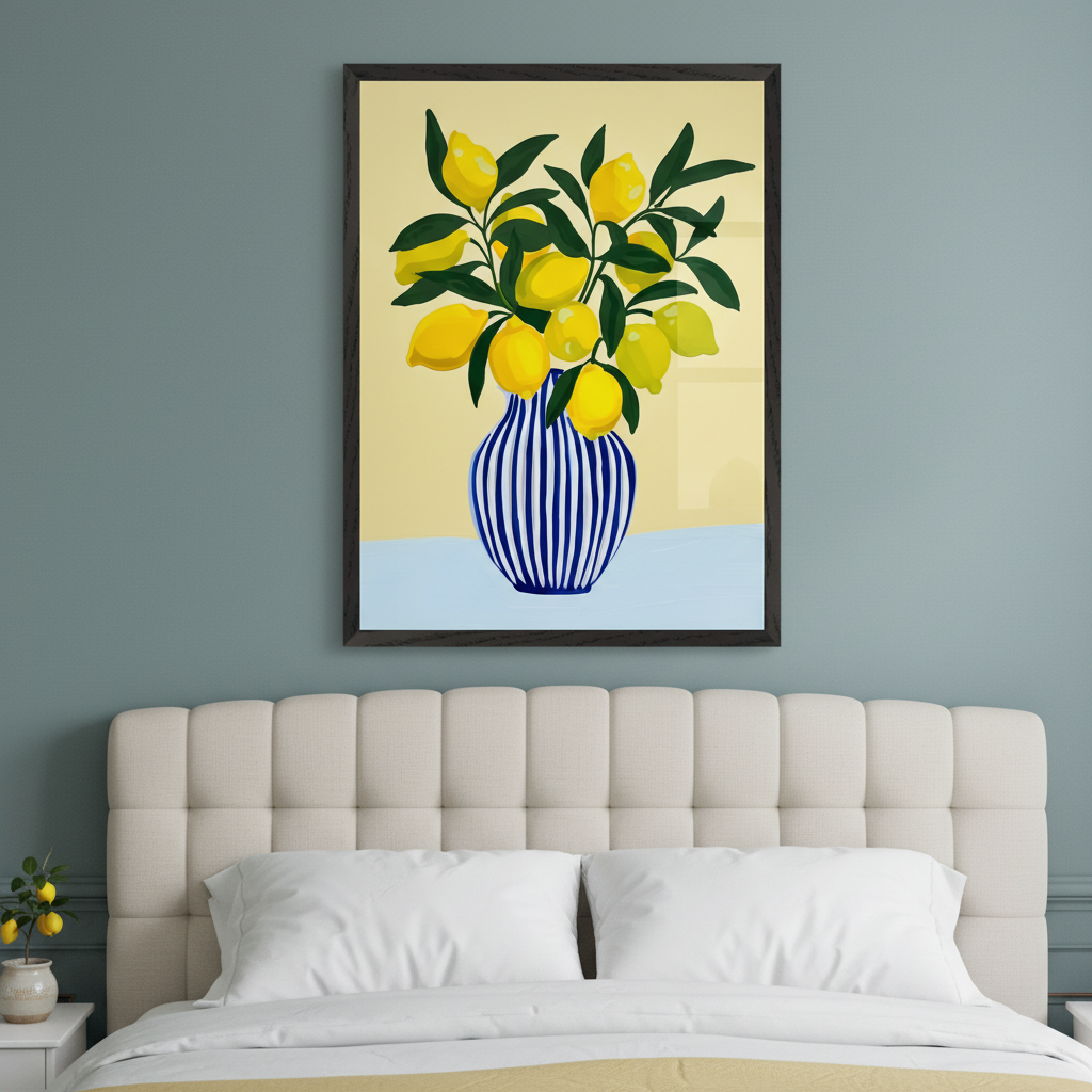 Bedroom with a cream tufted headboard. A large framed print of yellow lemons in a blue and white striped vase hangs centered above the bed. The art is a flat illustration on a yellow and light blue background. A small potted lemon plant is on a nightstand.