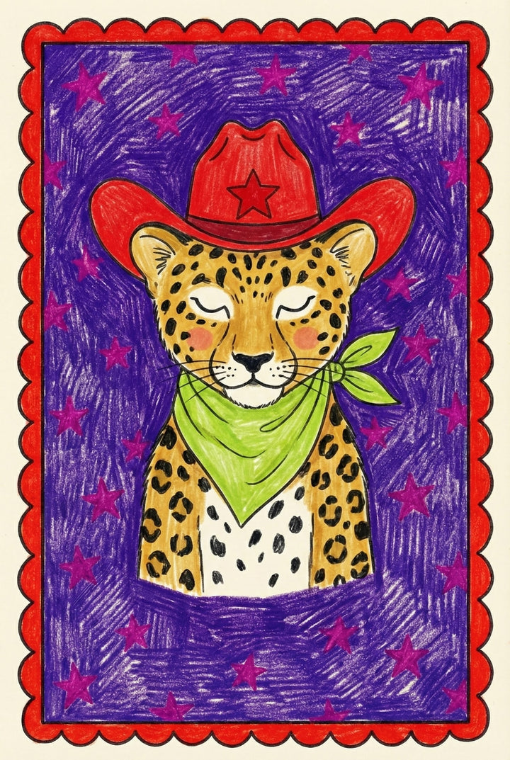 Playful illustration of a leopard with closed eyes, wearing a red cowboy hat with a star and a bright green bandana. The background features a deep purple crayon texture filled with pink stars, framed by a red scalloped border for a bold Western vibe.