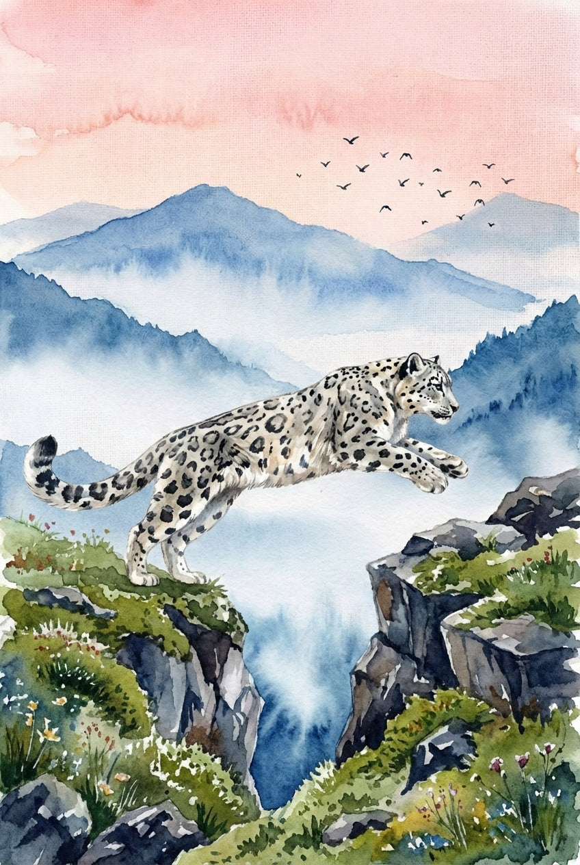 A watercolor illustration of a snow leopard leaping across a deep chasm between two rocky cliffs. The animal is captured mid-air, its thick, spotted fur and long tail detailed against a backdrop of misty blue mountains. The foreground cliffs are adorned with green moss and small wildflowers. In the distance, layers of mountain ridges fade into a soft pink and orange sky where a flock of small birds flies. The overall style uses soft washes and fine brushwork to create a serene alpine scene.
