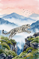 A watercolor illustration of a snow leopard leaping across a deep chasm between two rocky cliffs. The animal is captured mid-air, its thick, spotted fur and long tail detailed against a backdrop of misty blue mountains. The foreground cliffs are adorned with green moss and small wildflowers. In the distance, layers of mountain ridges fade into a soft pink and orange sky where a flock of small birds flies. The overall style uses soft washes and fine brushwork to create a serene alpine scene.