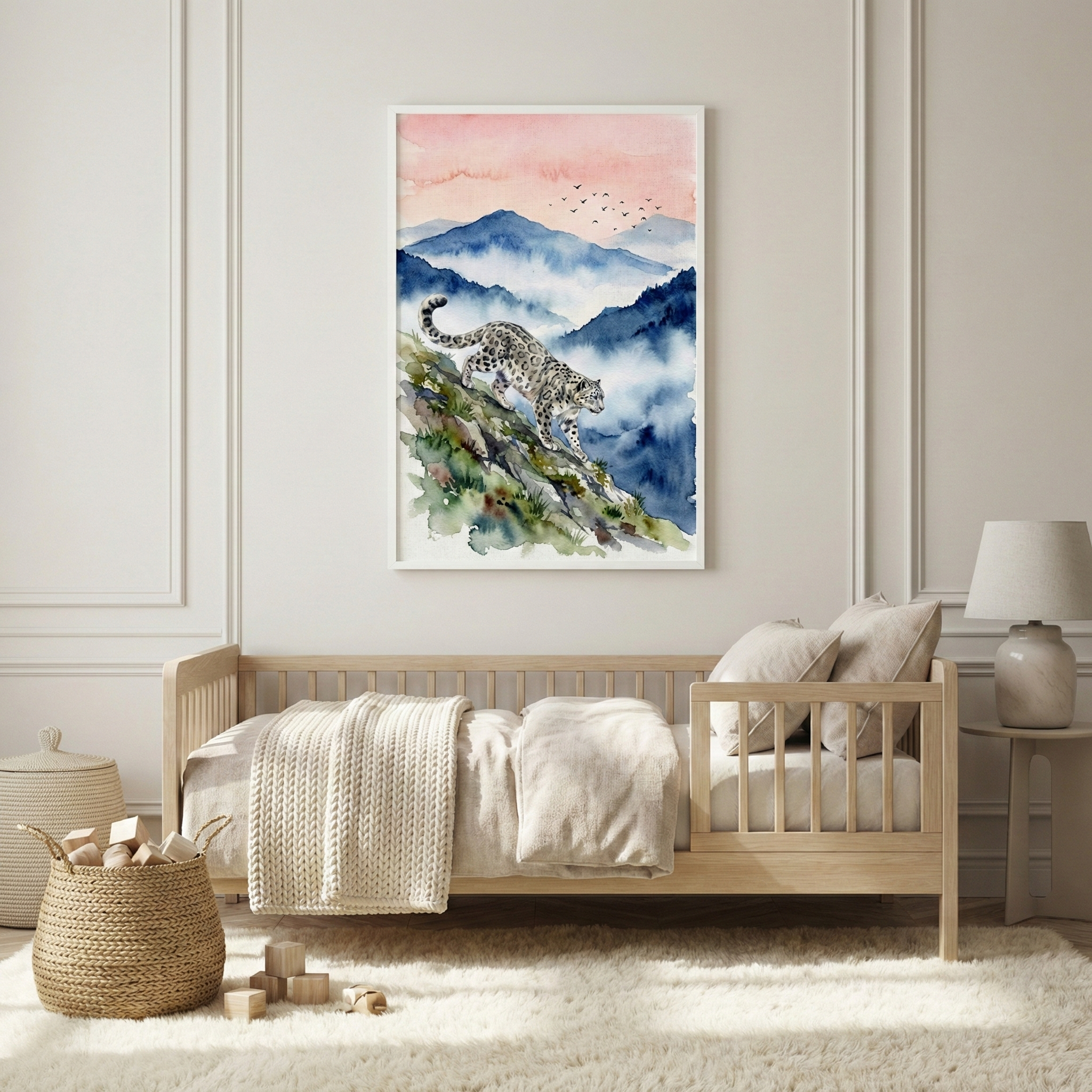 A cozy bedroom features a wooden bed with beige bedding and a knitted blanket, set against a soft white wall. Above the bed hangs a vibrant painting of a snow leopard on a mountainside, with a backdrop of misty blue hills and a pink sky. A woven basket filled with wooden blocks sits on a plush cream rug, adding warmth to the space.