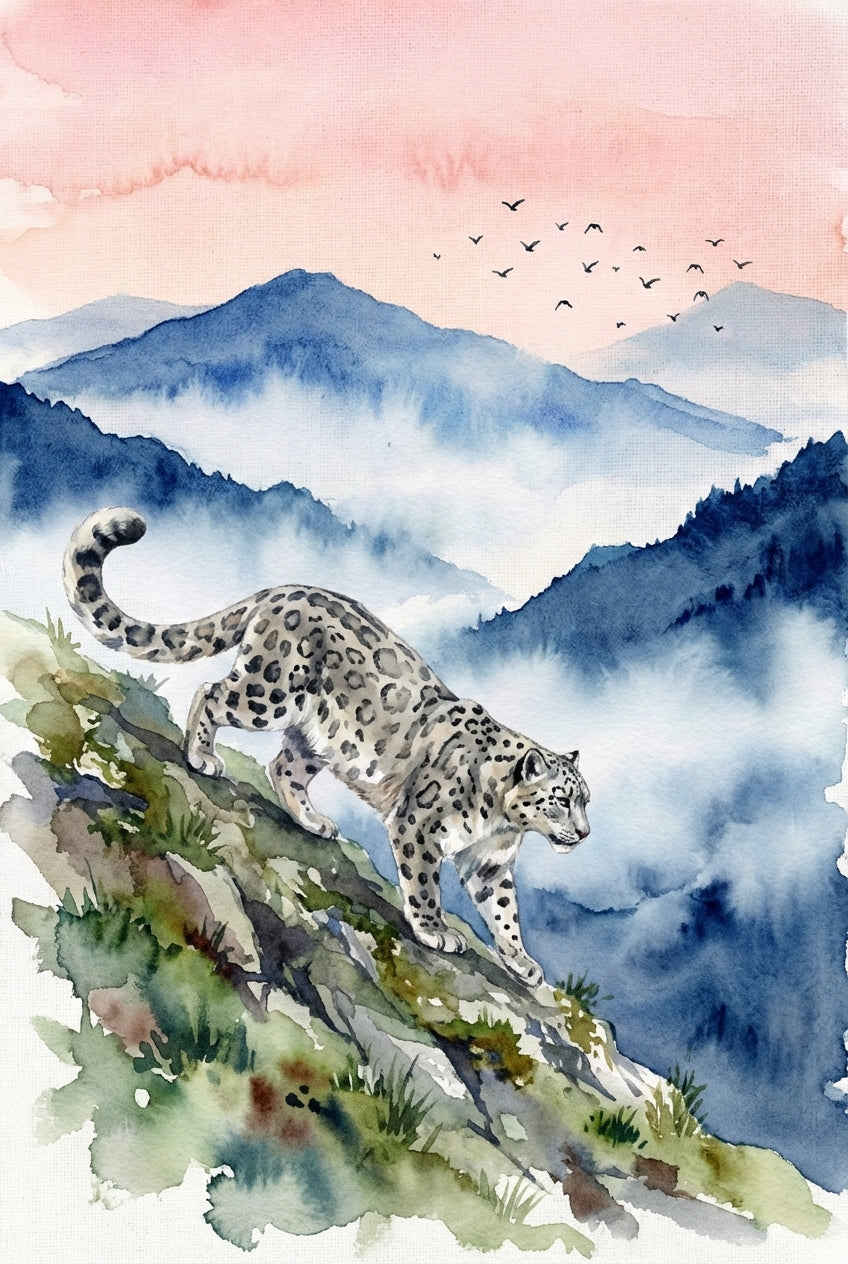A watercolor illustration of a snow leopard walking down a rocky, grassy mountain slope. The leopard has thick, spotted fur and a long, curled tail. In the background, layers of deep blue mountains are partially obscured by soft white mist. The sky above is a delicate wash of pale pink, suggesting early morning or late evening. A small flock of birds flies in the distance against the colorful sky. The artwork features soft edges and gentle color transitions characteristic of watercolors.