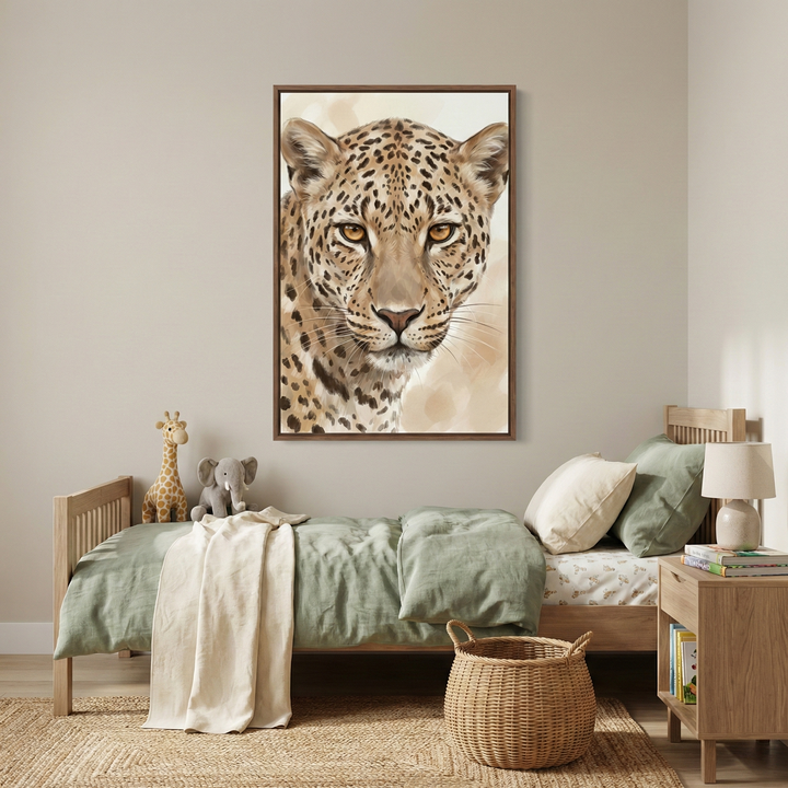 A serene child's room features a large, framed portrait of a leopard on a neutral wall. The realistic animal illustration serves as a focal point above a light-colored wooden bed. The bed is made with sage green bedding and a beige throw blanket. A stuffed giraffe and elephant sit near the headboard. To the side, a wooden nightstand holds a lamp and books. On the floor, a woven basket sits on a natural-fiber rug, completing the calm, nature-inspired decor.